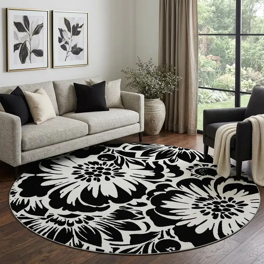8' Black And Ivory Floral Washable Round Rug With UV Protection Photo 1