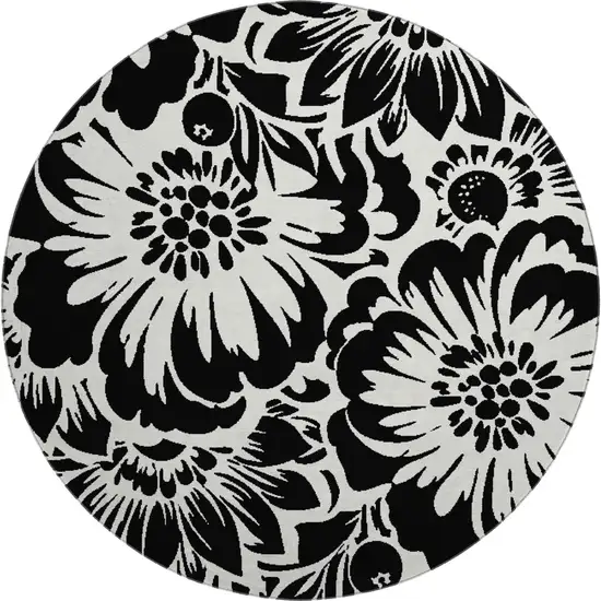 8' Black And Ivory Floral Washable Round Rug With UV Protection Photo 1