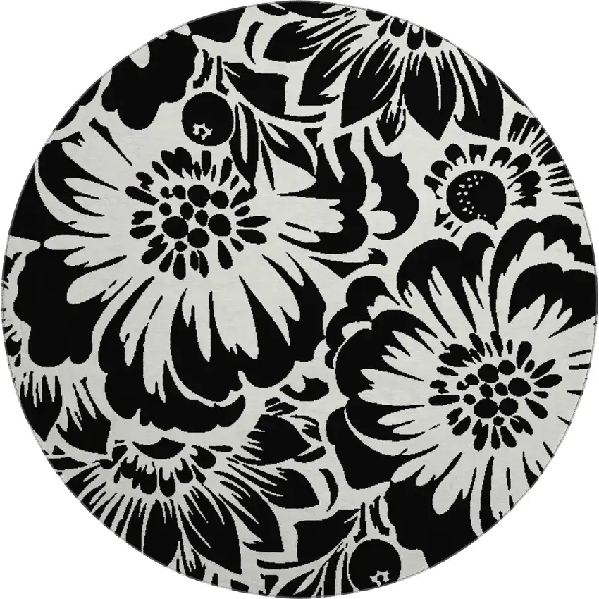8' Black And Ivory Floral Washable Round Rug With UV Protection Photo 1