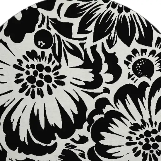 8' Black And Ivory Floral Washable Round Rug With UV Protection Photo 4