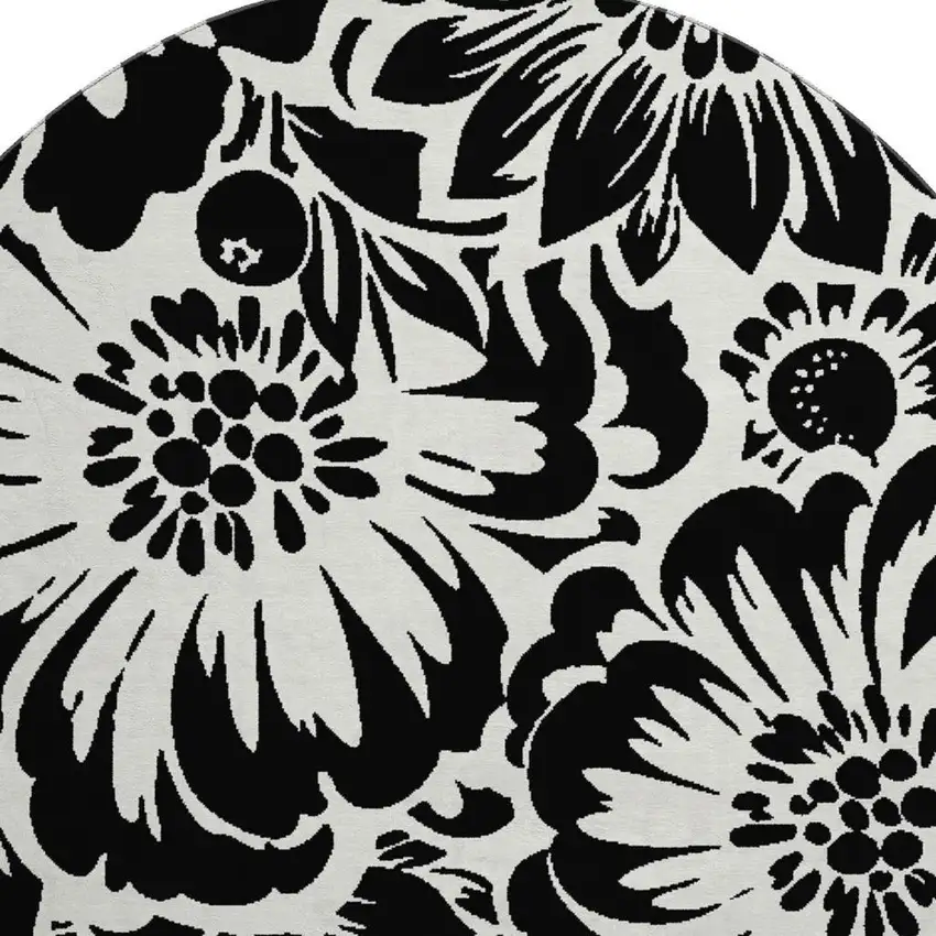 8' Black And Ivory Floral Washable Round Rug With UV Protection Photo 4