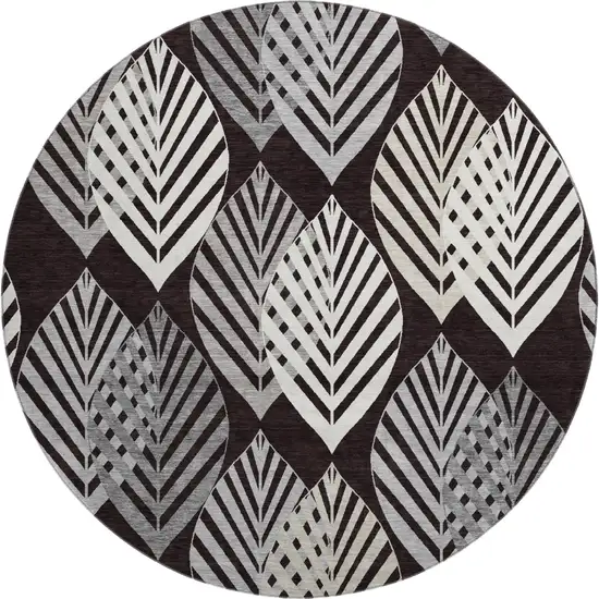 8' Black And Ivory Floral Washable Round Rug With UV Protection Photo 1
