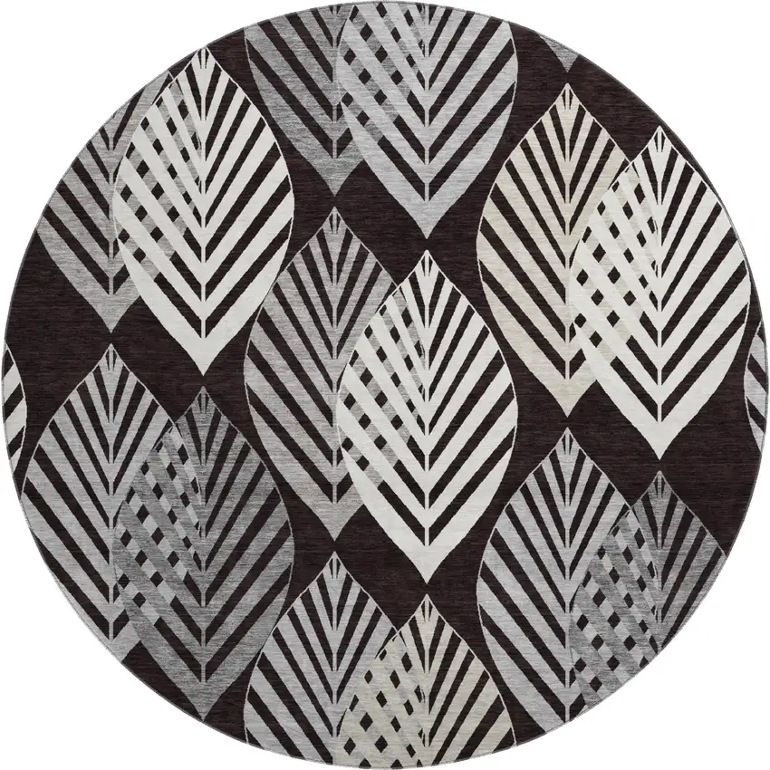 8' Black And Ivory Floral Washable Round Rug With UV Protection Photo 1