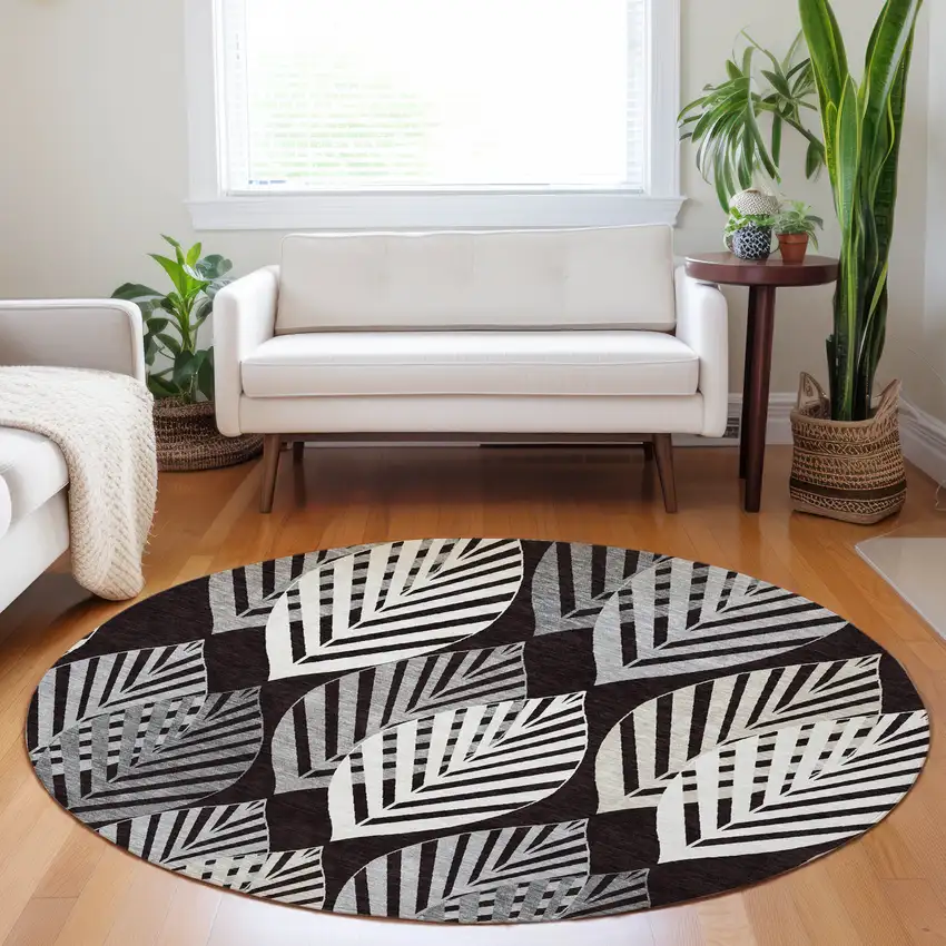 8' Black And Ivory Floral Washable Round Rug With UV Protection Photo 5