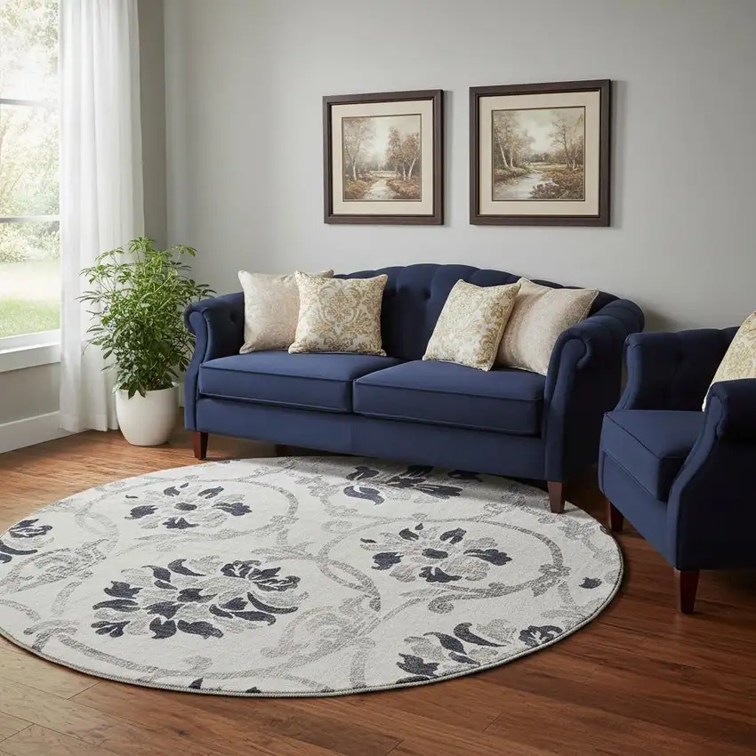 8' Black And Ivory Floral Washable Round Rug With UV Protection Photo 1