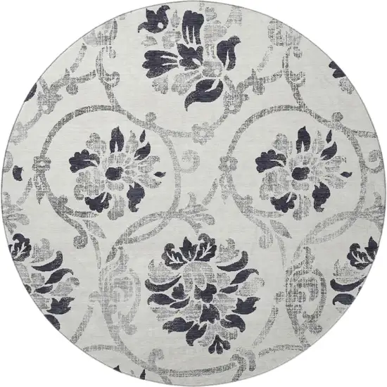 8' Black And Ivory Floral Washable Round Rug With UV Protection Photo 4