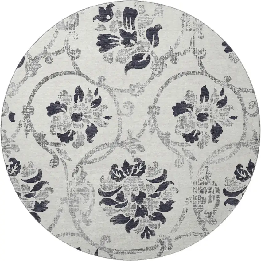 8' Black And Ivory Floral Washable Round Rug With UV Protection Photo 4