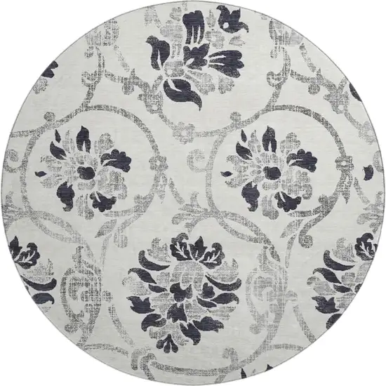 8' Black And Ivory Floral Washable Round Rug With UV Protection Photo 1