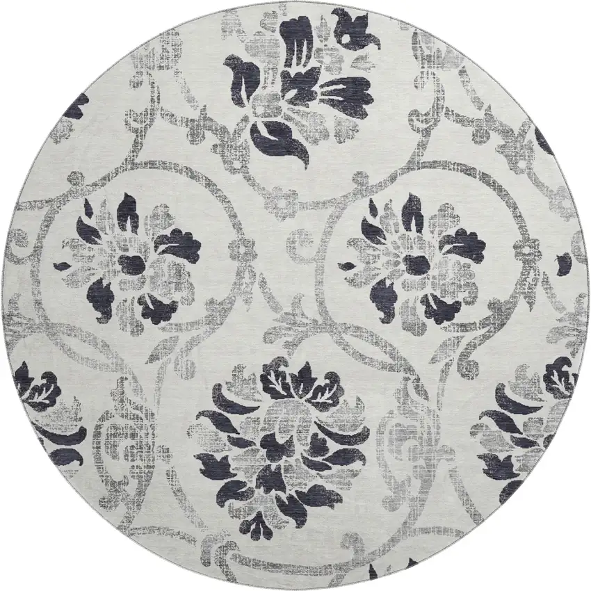 8' Black And Ivory Floral Washable Round Rug With UV Protection Photo 1