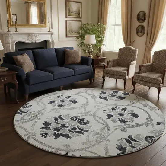 8' Black And Ivory Floral Washable Round Rug With UV Protection Photo 2