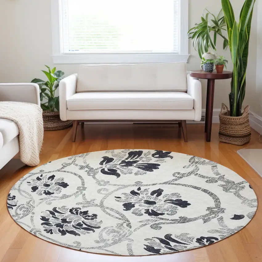 8' Black And Ivory Floral Washable Round Rug With UV Protection Photo 5