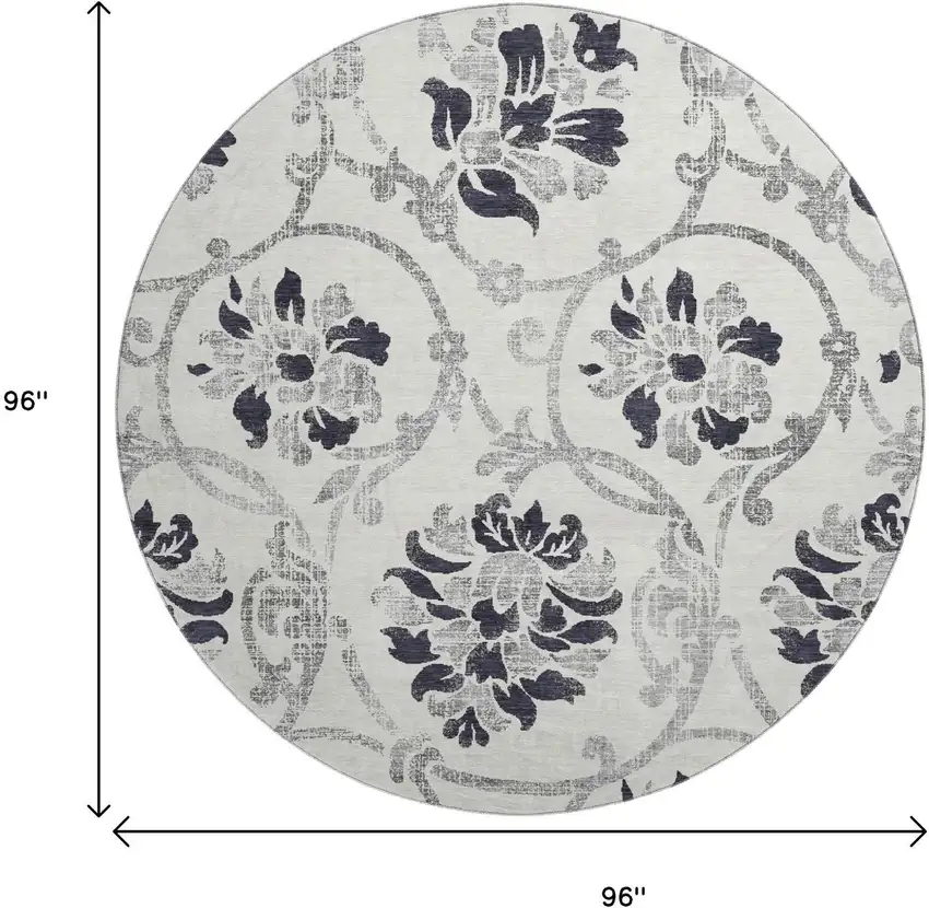 8' Black And Ivory Floral Washable Round Rug With UV Protection Photo 3