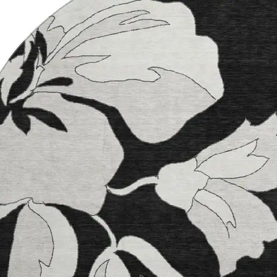 8' Black And Ivory Floral Washable Round Rug With UV Protection Photo 3