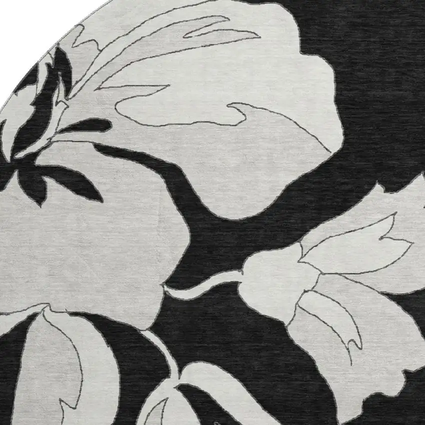 8' Black And Ivory Floral Washable Round Rug With UV Protection Photo 3