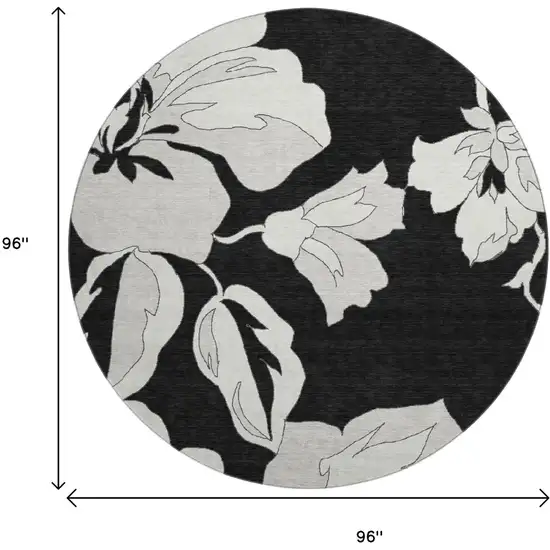 8' Black And Ivory Floral Washable Round Rug With UV Protection Photo 8