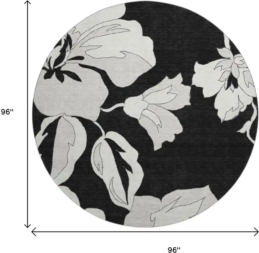 8' Black And Ivory Floral Washable Round Rug With UV Protection Photo 8