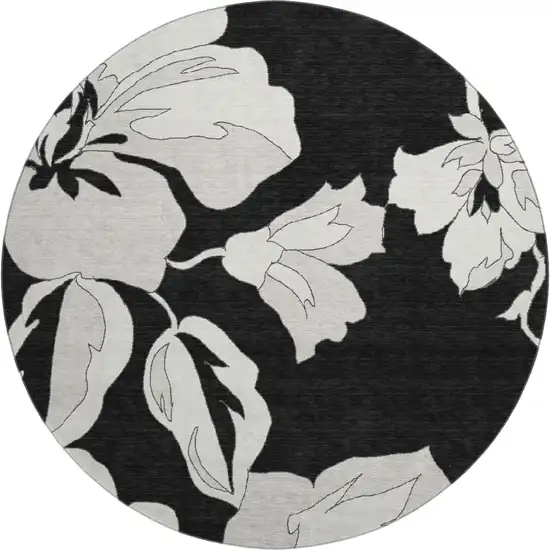 8' Black And Ivory Floral Washable Round Rug With UV Protection Photo 1