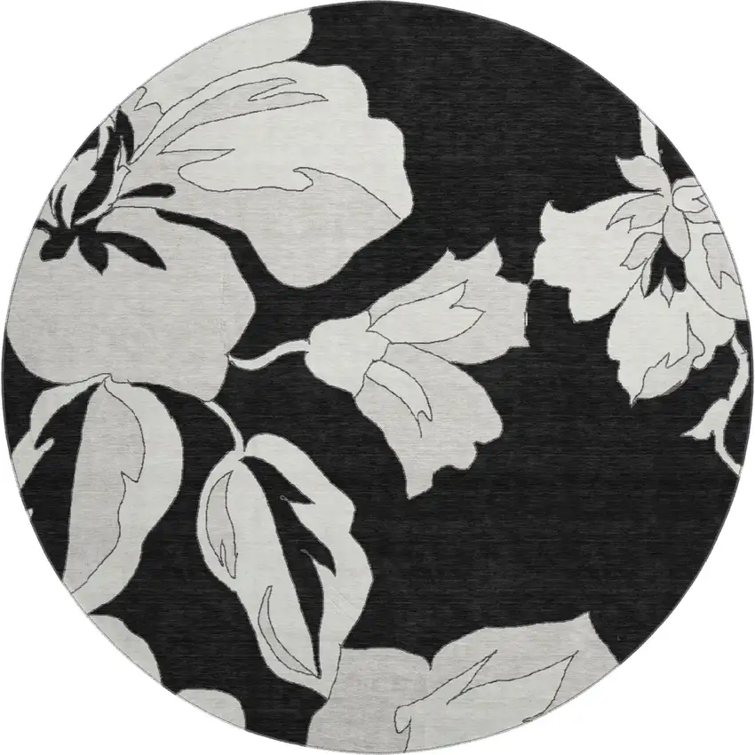 8' Black And Ivory Floral Washable Round Rug With UV Protection Photo 1