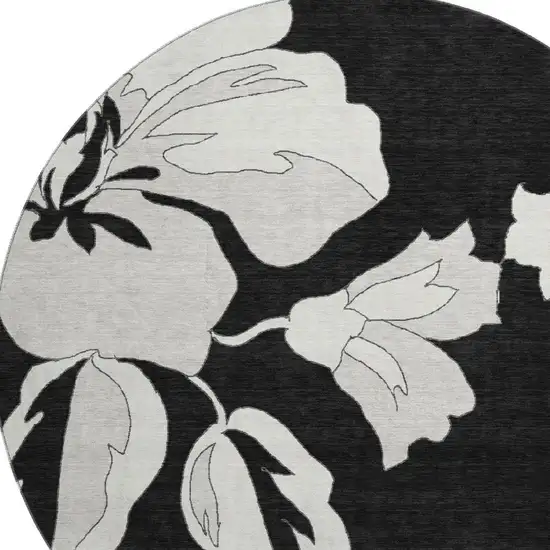 8' Black And Ivory Floral Washable Round Rug With UV Protection Photo 4