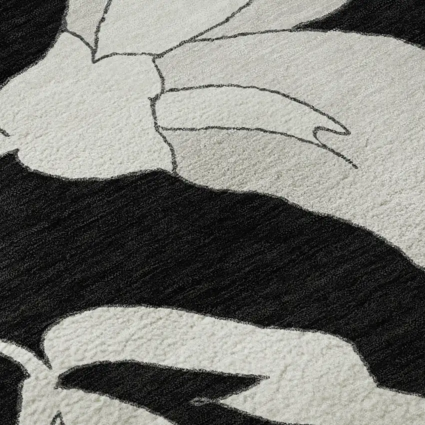 8' Black And Ivory Floral Washable Round Rug With UV Protection Photo 9