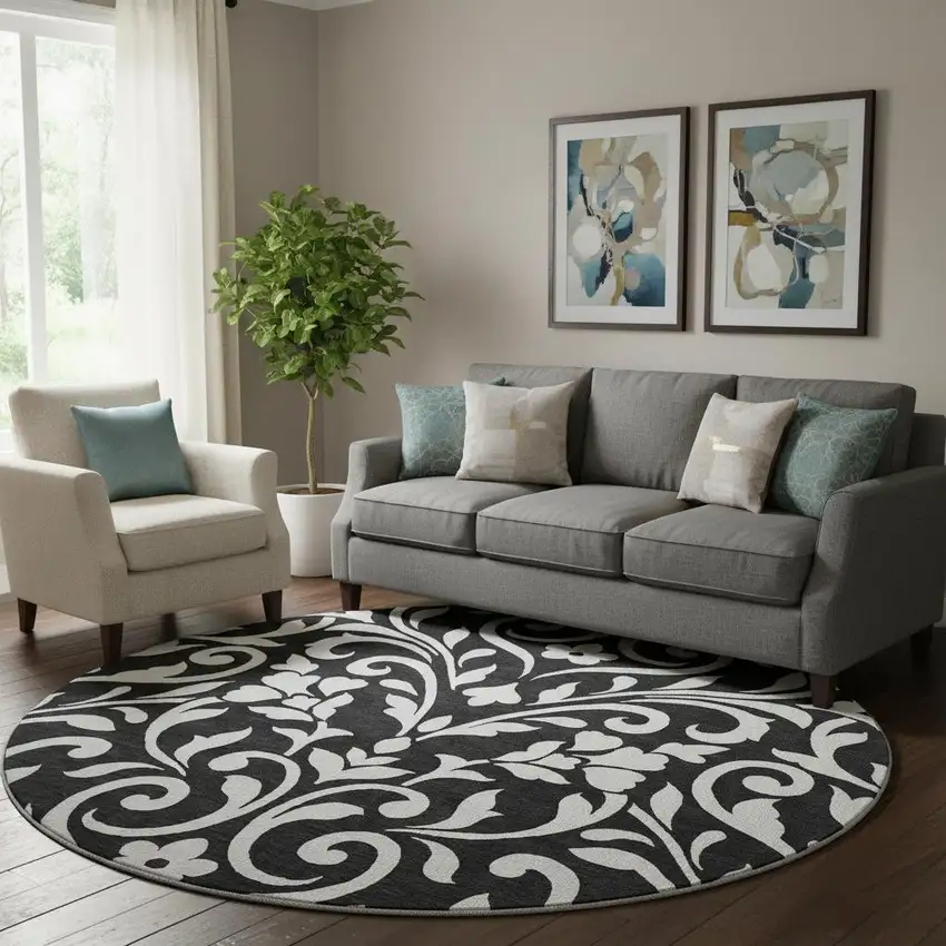 8' Black And Ivory Floral Washable Round Rug With UV Protection Photo 1