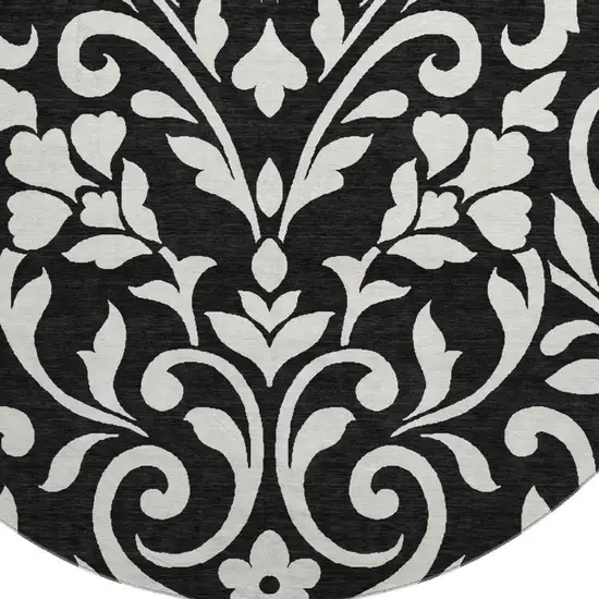8' Black And Ivory Floral Washable Round Rug With UV Protection Photo 3