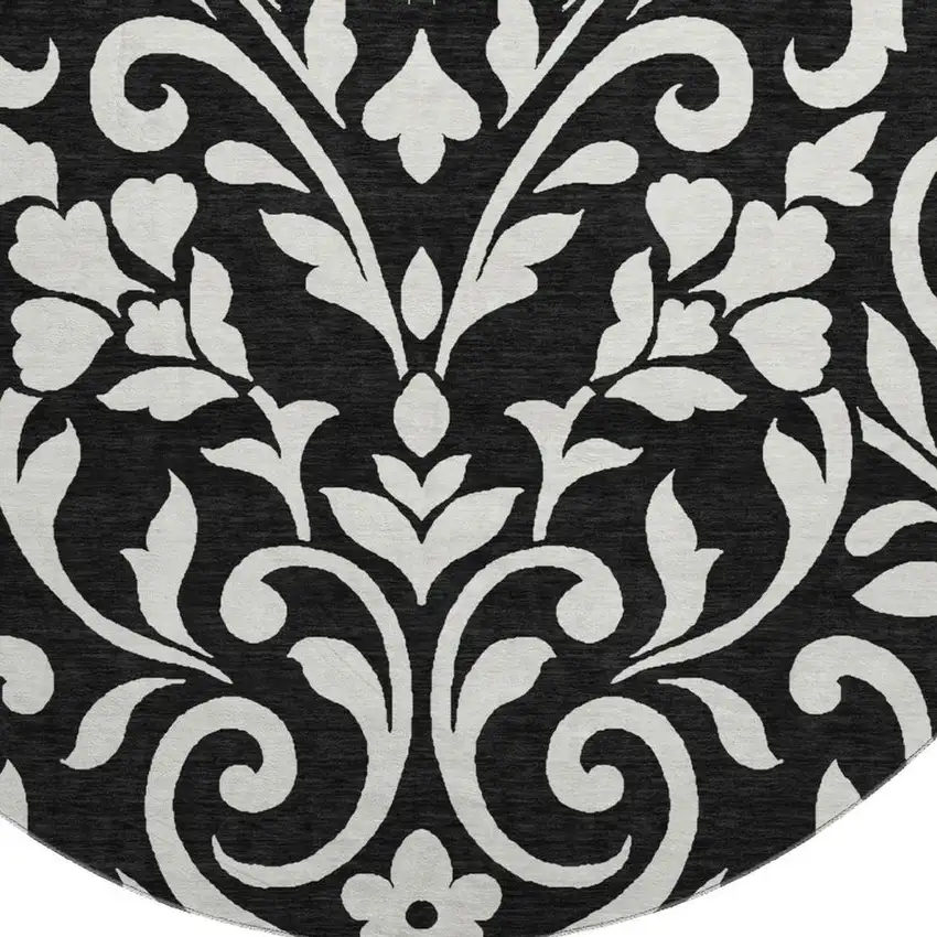 8' Black And Ivory Floral Washable Round Rug With UV Protection Photo 3