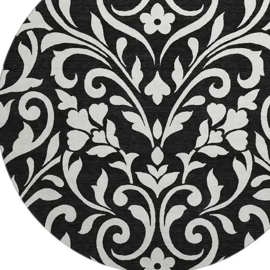 8' Black And Ivory Floral Washable Round Rug With UV Protection Photo 4