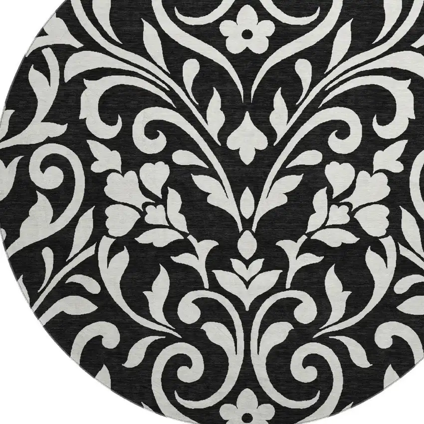 8' Black And Ivory Floral Washable Round Rug With UV Protection Photo 4