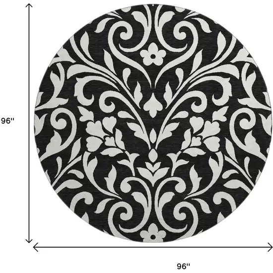 8' Black And Ivory Floral Washable Round Rug With UV Protection Photo 8