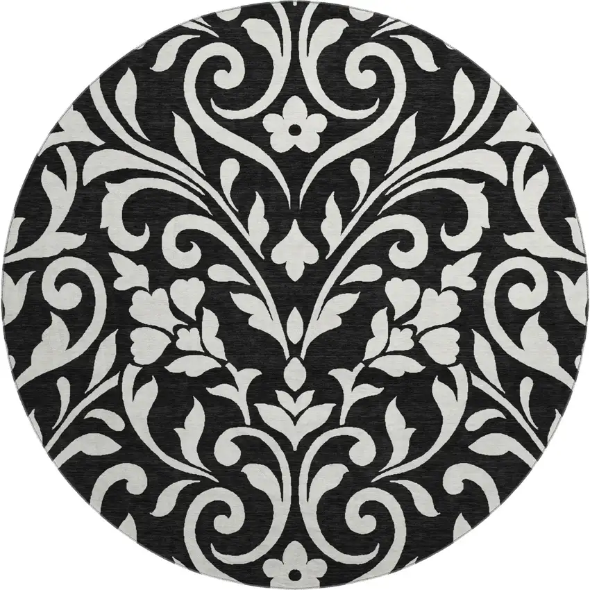 8' Black And Ivory Floral Washable Round Rug With UV Protection Photo 1