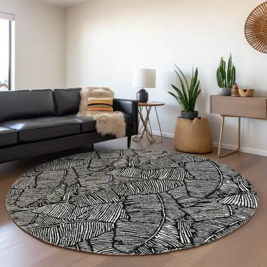 8' Black And Ivory Floral Washable Round Rug With UV Protection Photo 5