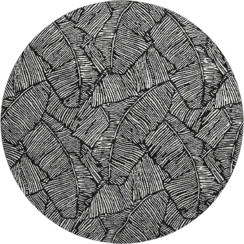 8' Black And Ivory Floral Washable Round Rug With UV Protection Photo 1