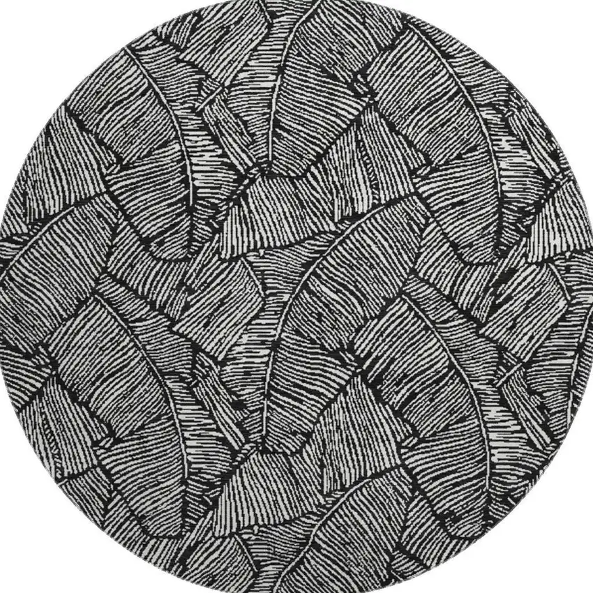8' Black And Ivory Floral Washable Round Rug With UV Protection Photo 4