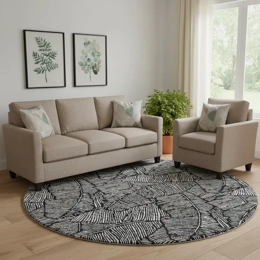 8' Black And Ivory Floral Washable Round Rug With UV Protection Photo 1