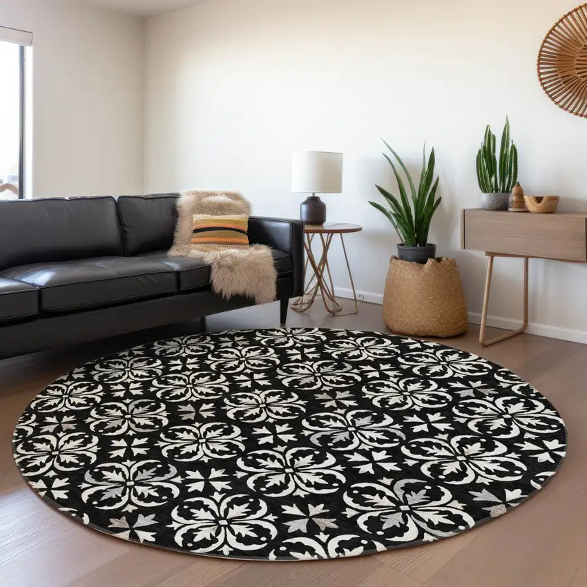 8' Black And Ivory Floral Washable Round Rug With UV Protection Photo 4
