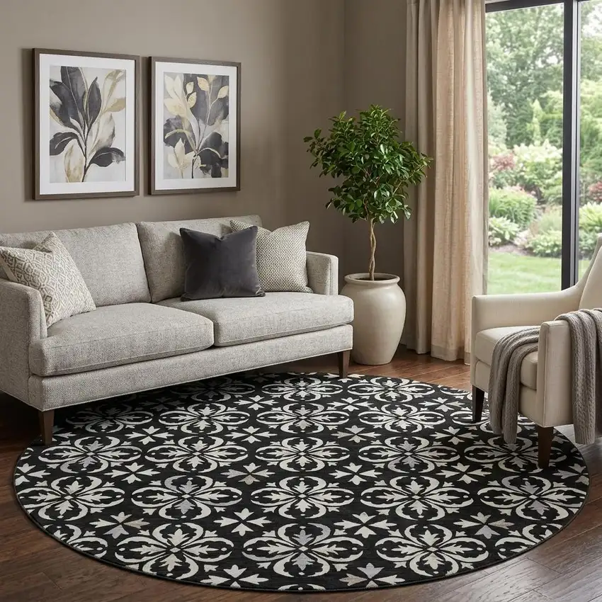 8' Black And Ivory Floral Washable Round Rug With UV Protection Photo 1