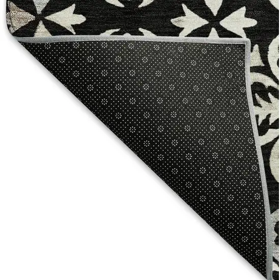 8' Black And Ivory Floral Washable Round Rug With UV Protection Photo 5