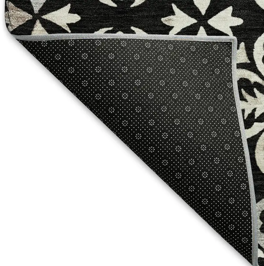8' Black And Ivory Floral Washable Round Rug With UV Protection Photo 5