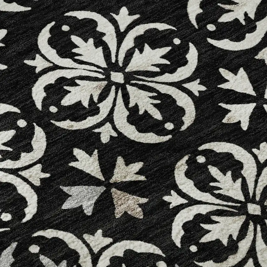 8' Black And Ivory Floral Washable Round Rug With UV Protection Photo 8