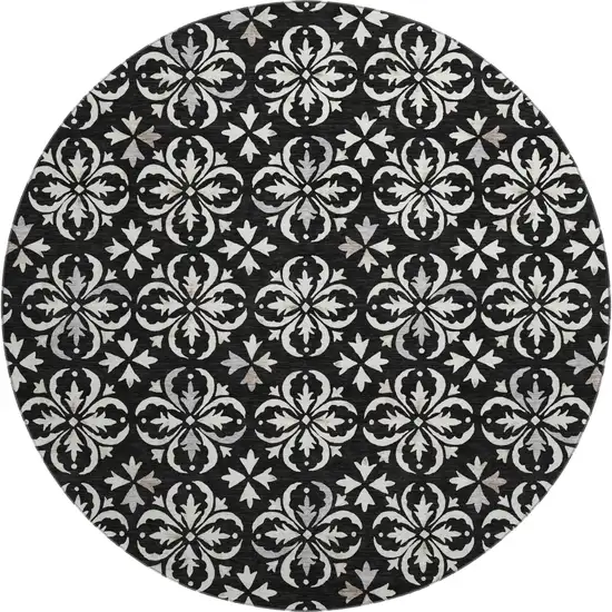 8' Black And Ivory Floral Washable Round Rug With UV Protection Photo 1