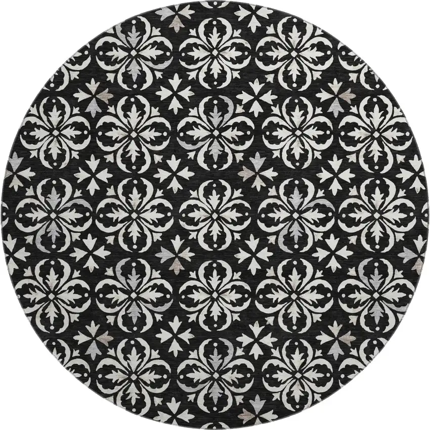 8' Black And Ivory Floral Washable Round Rug With UV Protection Photo 1