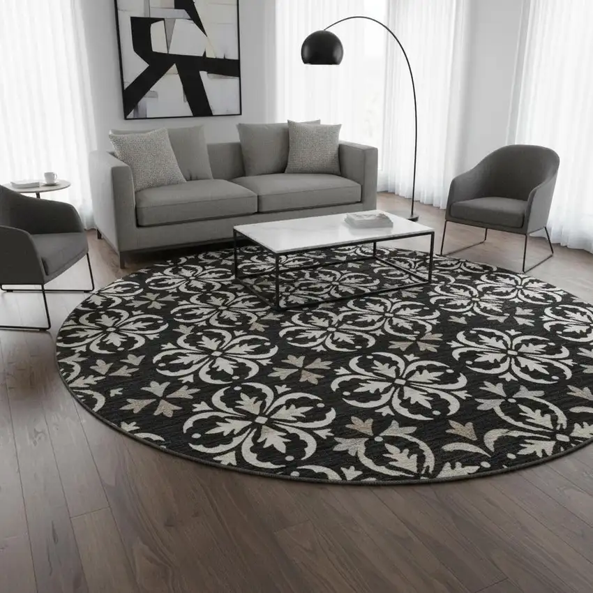 8' Black And Ivory Floral Washable Round Rug With UV Protection Photo 2