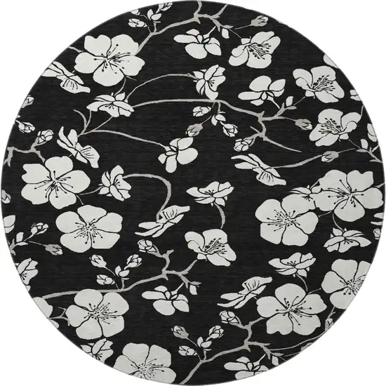 8' Black And Ivory Floral Washable Round Rug With UV Protection Photo 3