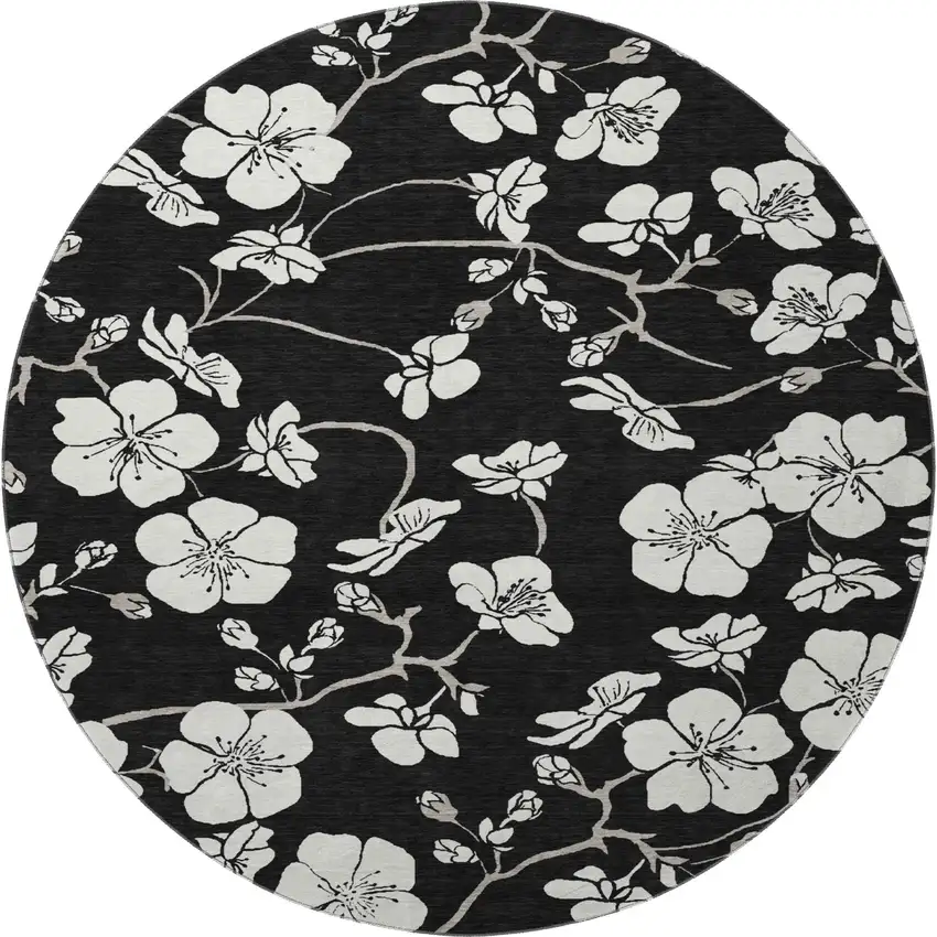 8' Black And Ivory Floral Washable Round Rug With UV Protection Photo 3