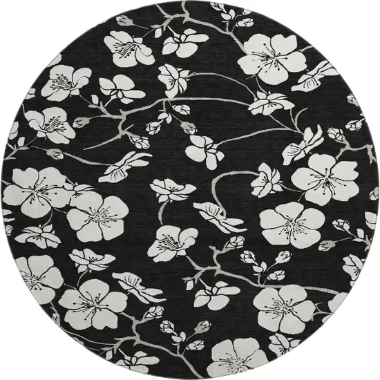 8' Black And Ivory Floral Washable Round Rug With UV Protection Photo 1