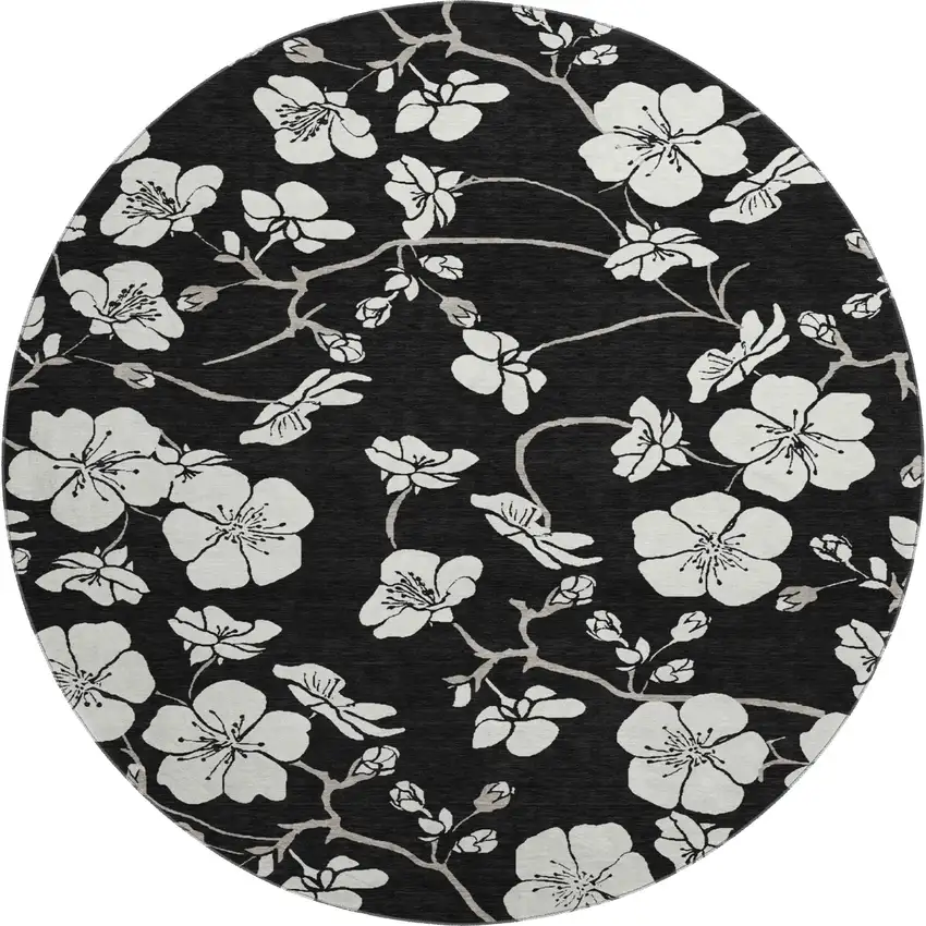 8' Black And Ivory Floral Washable Round Rug With UV Protection Photo 1