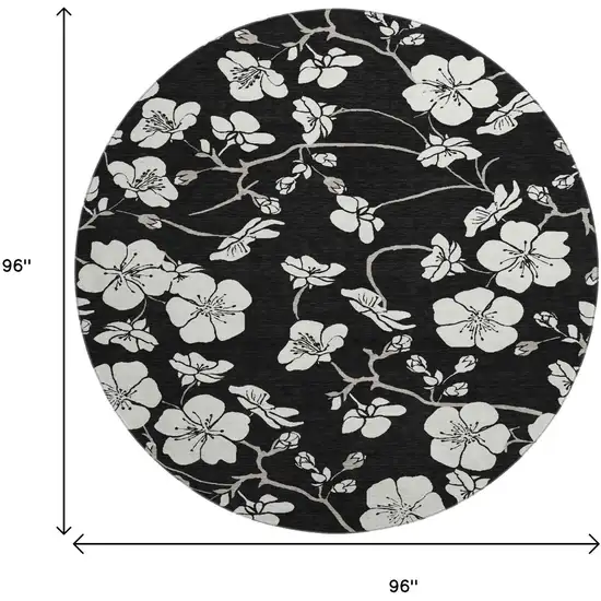 8' Black And Ivory Floral Washable Round Rug With UV Protection Photo 9