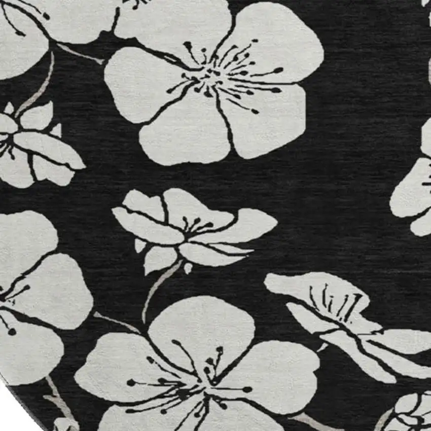 8' Black And Ivory Floral Washable Round Rug With UV Protection Photo 2