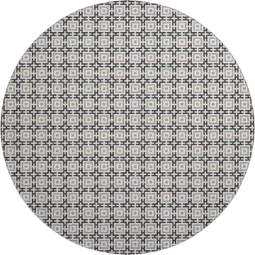8' Black And Ivory Geometric Washable Round Rug With UV Protection Photo 2